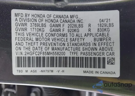 2021 Honda Civic Sport из США, поврежденный, VIN 2HGFC2F85MH558200